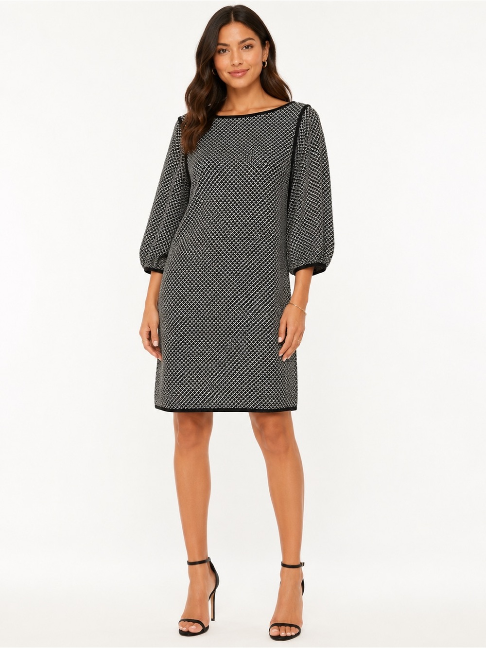 Max Studio Black White Geometric Mini Shift Dress Puff Sleeve L NWT‎ Minimalist